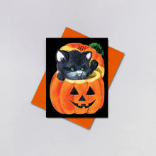 Load image into Gallery viewer, Black Kitty in Jack O'Lantern Reproduction Vintage Halloween Card by Laughing Elephant