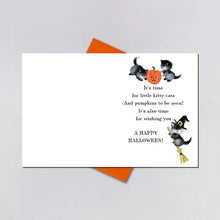 Load image into Gallery viewer, Black Kitty in Jack O'Lantern Reproduction Vintage Halloween Card by Laughing Elephant