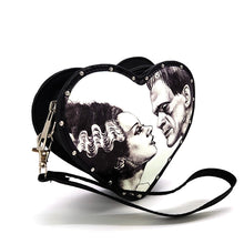 Load image into Gallery viewer, Glow in the Dark Heart Shaped Frankenstein's Monster & The Bride Mini Wristlet