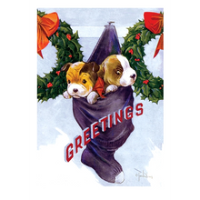 Load image into Gallery viewer, Dogs at Christmas 12 Reproduction Vintage Holiday Cars in Collectible Box by Laughing Elephant