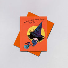 Load image into Gallery viewer, Retro Kitsch Halloween Card - Cute Witch on Broom