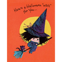Load image into Gallery viewer, Retro Kitsch Halloween Card - Cute Witch on Broom