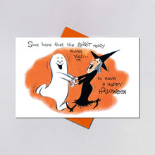 Load image into Gallery viewer, Retro Ghost and Pumpkins Cute Vintage Reproduction Halloween Card