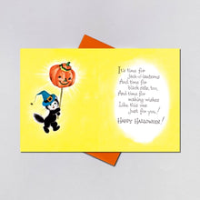 Load image into Gallery viewer, Retro Witchy Kitty in Jack-O'-Lantern Vintage Inspired Halloween Card