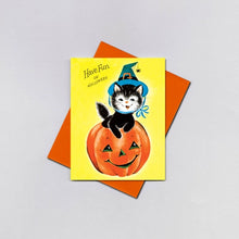 Load image into Gallery viewer, Retro Witchy Kitty in Jack-O'-Lantern Vintage Inspired Halloween Card