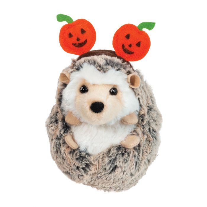 Spunky Hedgehog Halloween Plush wearing a Pumpkin Headband by Douglas