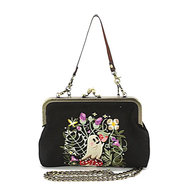 Cute Ghost in Strawberry Field Linen Blend Vintage Inspired Clasp Purse