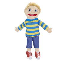 Load image into Gallery viewer, Medium Puppet Buddy Boy in Blue &amp; Yellow Striped Top Puppet
