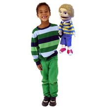 Load image into Gallery viewer, Medium Puppet Buddy Boy in Blue &amp; Yellow Striped Top Puppet
