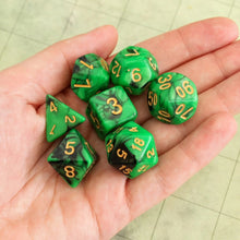 Load image into Gallery viewer, Green and Black Polyhedral RPG Dice Set by Mystery Dice Goblin
