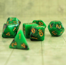 Load image into Gallery viewer, Green and Black Polyhedral RPG Dice Set by Mystery Dice Goblin
