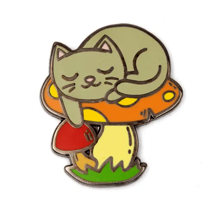 Sleeping Cat on Mushroom Enamel Pin